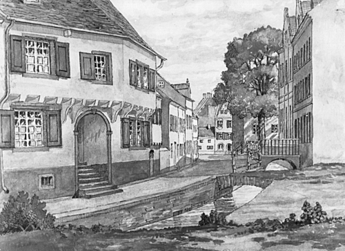 Blick in die Klosterstraße: Offener Mühlbach und ehemalige „Kaplanei“ im Euskirchener